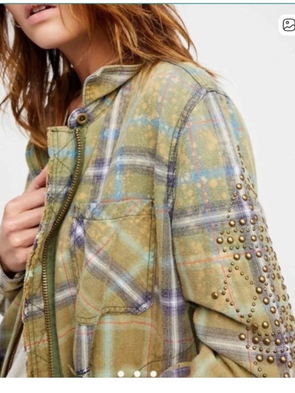 Free People Deconstructed Studded Plaid Distressed Shacket Jacket XS